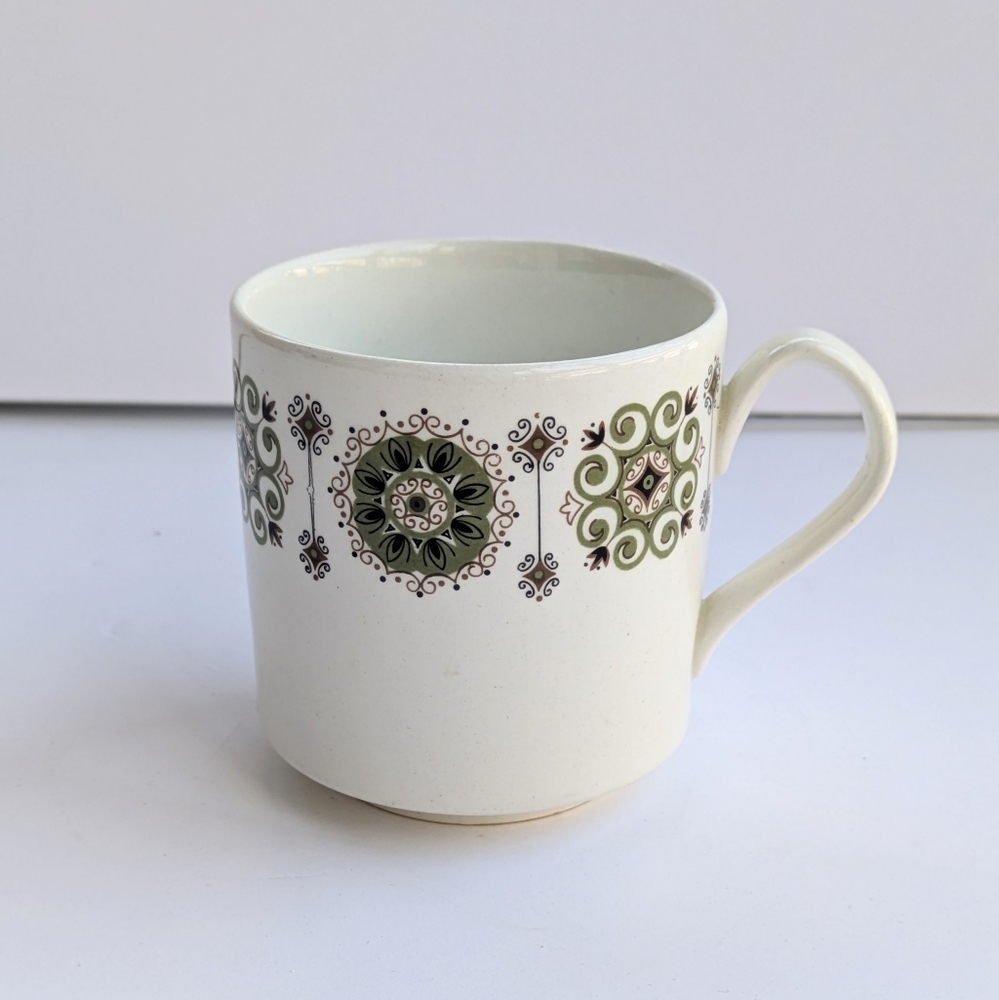 Vintage Johnson Bros. Malaga Coffee Cup White Green Rust Paisley Mug Boho Retro